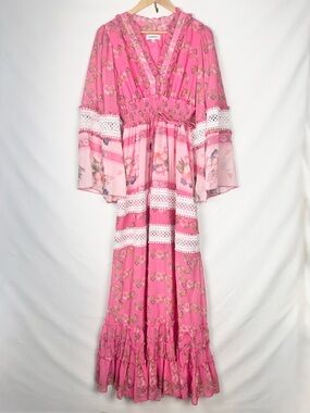 Whimsical Faeriesty Pink Floral Boho Style Maxi Dress with Lace Trim Size M